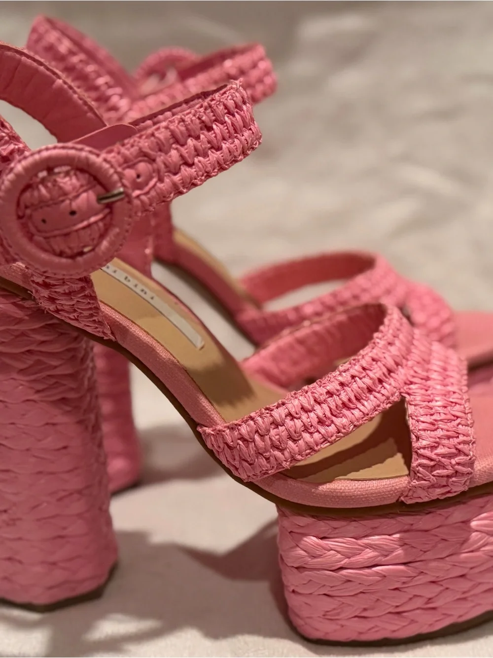 Woven Pink Platform Sandals with Ankle Strap